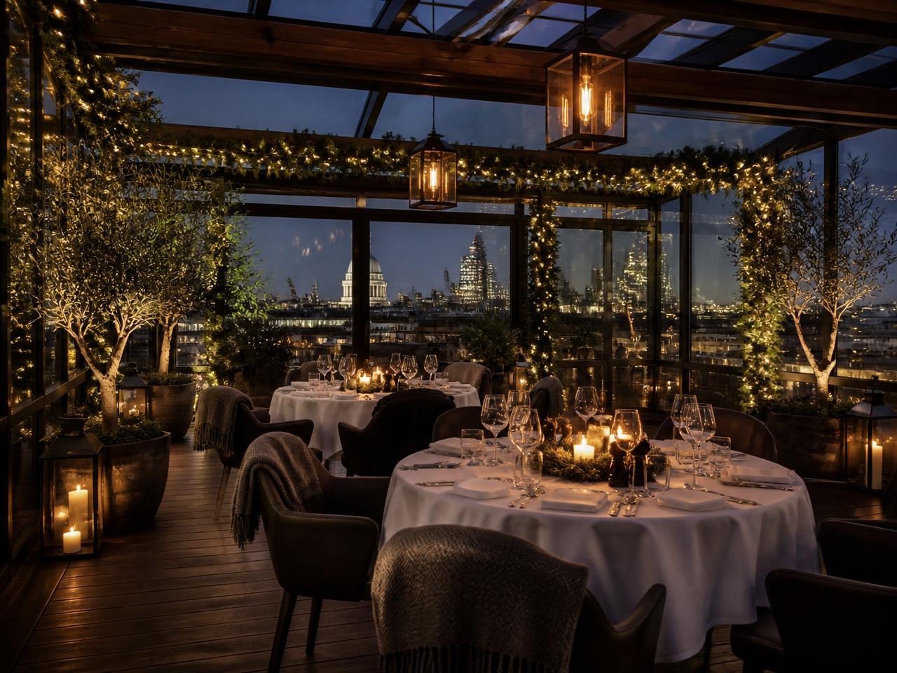 Elegant rooftop terrace with festive lighting and London skyline