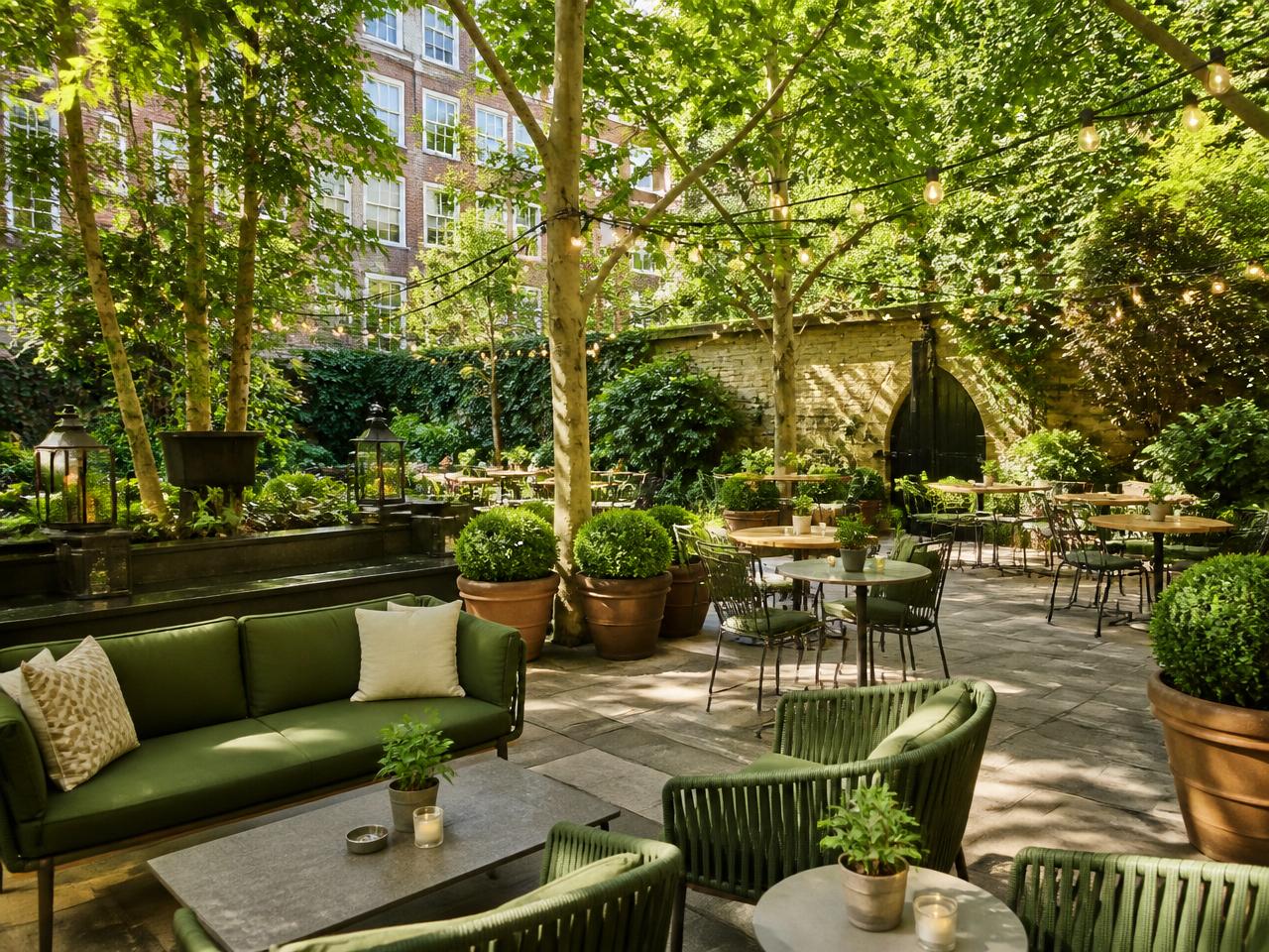 Lush garden courtyard with seating for a team social or offsite